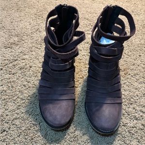 Free People Hybrid Strappy Heel Boots in Burgundy/Maroon